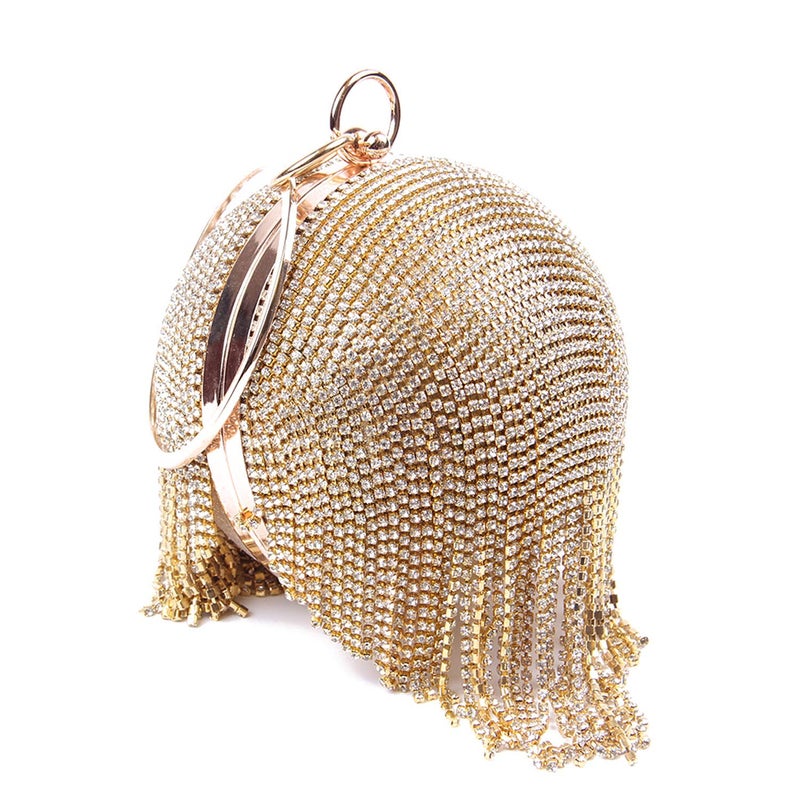 Lanpet Women Round Ball Crystal Evening Clutch Purse Tassel Wedding Party Handbags - Image 2